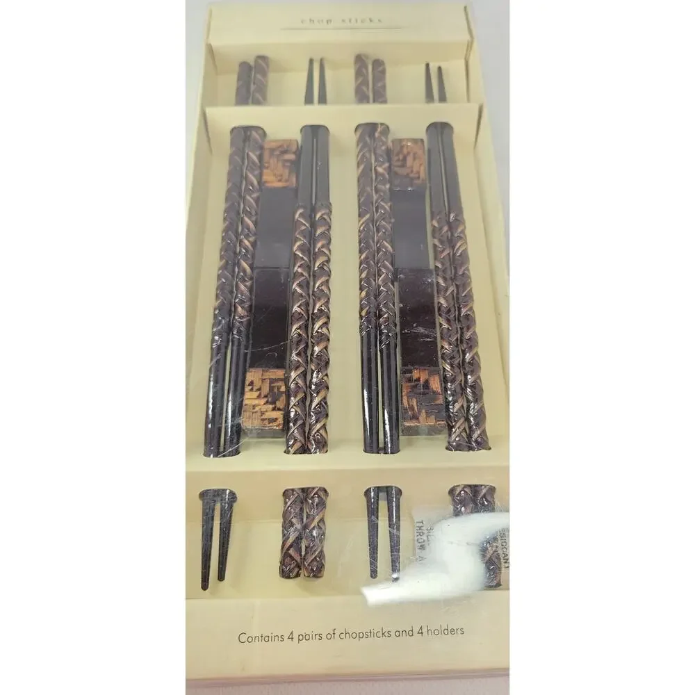 Pier 1 Imports 4 Pairs of Chopsticks with Rests Dark Brown Woven wood design